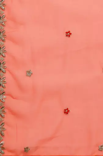 peach-coloured & gold-toned embroidered unstitched dress material