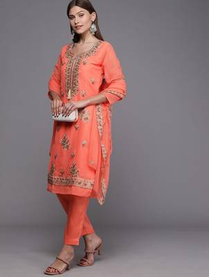 peach-coloured & gold-toned embroidered unstitched dress material 5