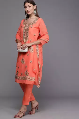 peach-coloured & gold-toned embroidered unstitched dress material