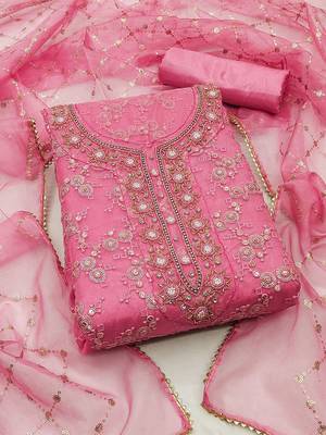 floral embroidered sequinned organza unstitched dress material 1