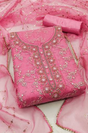 floral embroidered sequinned organza unstitched dress material