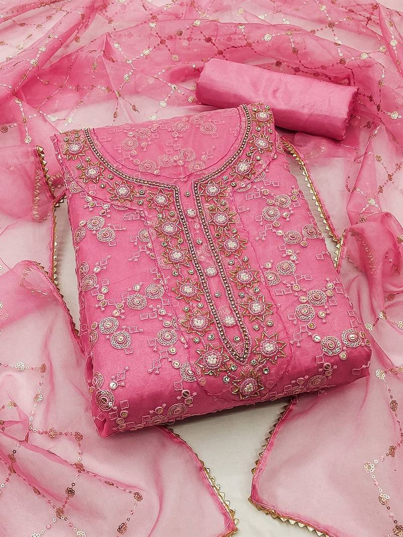 floral embroidered sequinned organza unstitched dress material