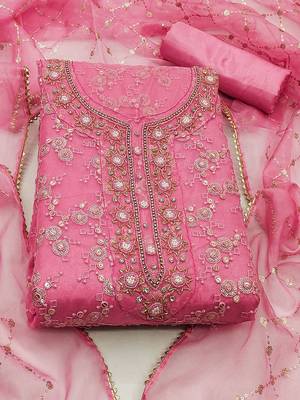 floral embroidered sequinned organza unstitched dress material 2
