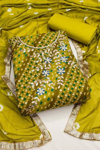 bandhani printed beads & stones unstitched dress material