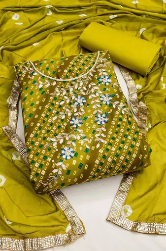 bandhani printed beads & stones unstitched dress material