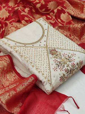 off white floral woven design unstitched dress material 1