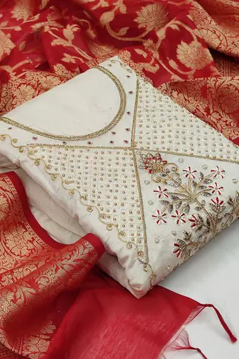off white floral woven design unstitched dress material