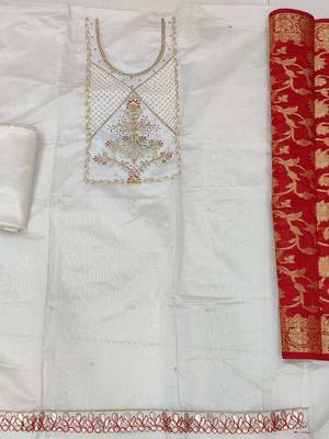 off white floral woven design unstitched dress material 2