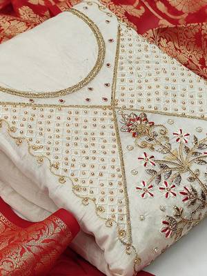 off white floral woven design unstitched dress material 3