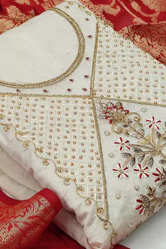 off white floral woven design unstitched dress material