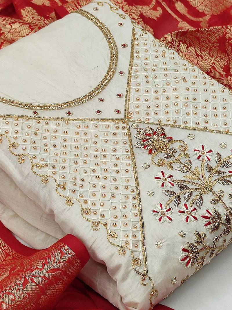 off white floral woven design unstitched dress material
