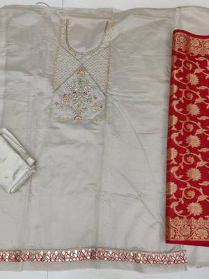 grey & red unstitched dress material 3