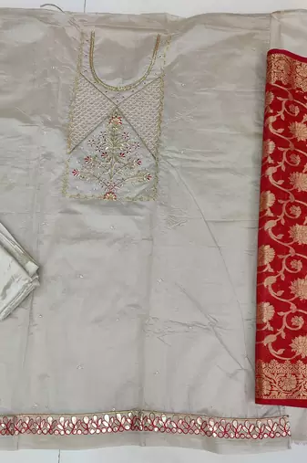 grey & red unstitched dress material