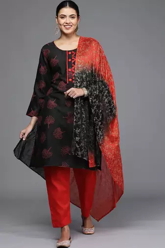black & red printed unstitched dress material