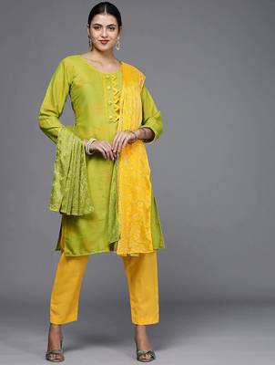 green & yellow printed unstitched dress material 1