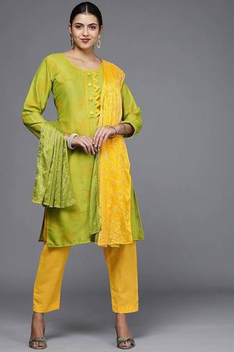 green & yellow printed unstitched dress material