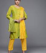 green & yellow printed unstitched dress material