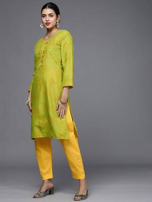 green & yellow printed unstitched dress material 5