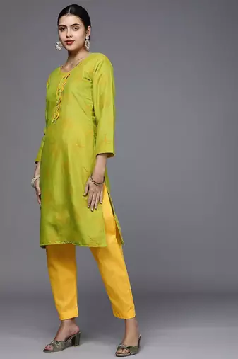 green & yellow printed unstitched dress material