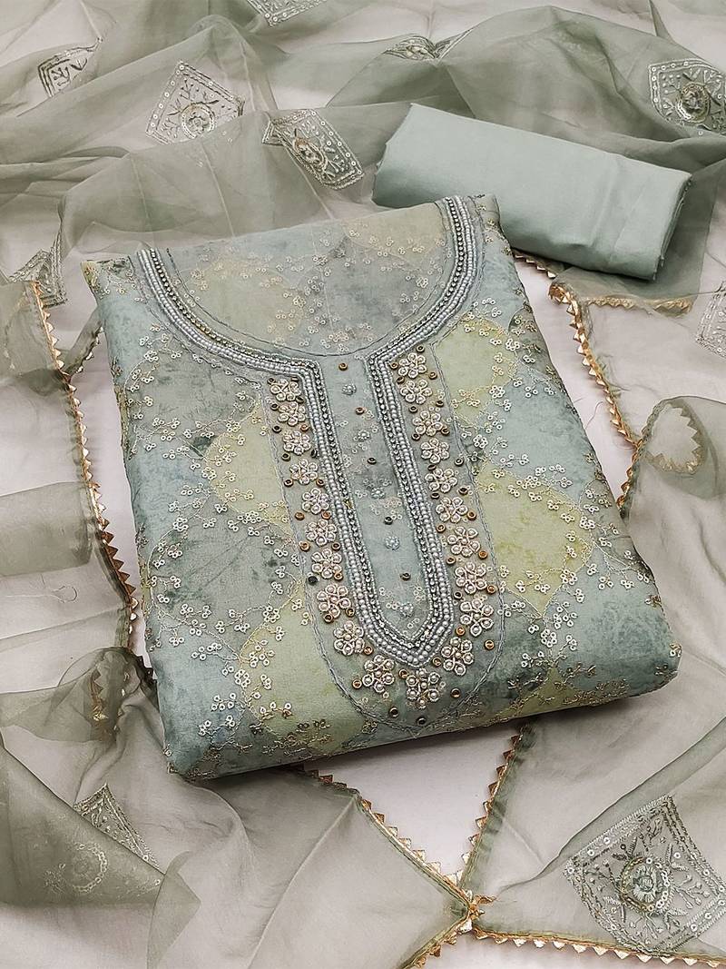 floral embroidered sequined organza unstitched dress material