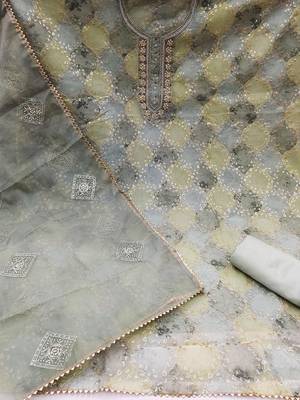floral embroidered sequined organza unstitched dress material 3