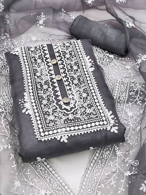 ethnic motifs embroidered organza unstitched dress material 1