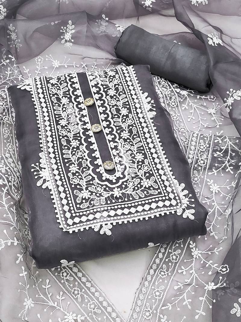 ethnic motifs embroidered organza unstitched dress material