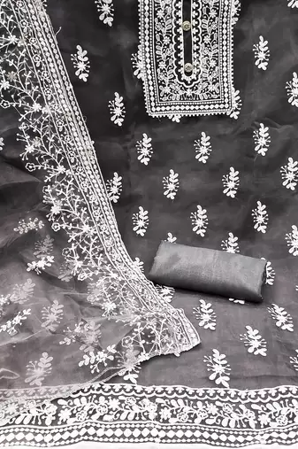 ethnic motifs embroidered organza unstitched dress material