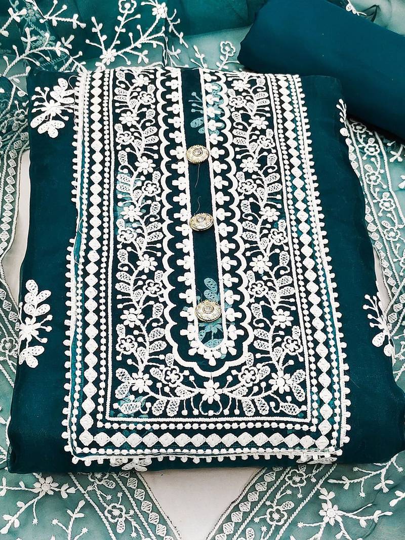 ethnic motifs embroidered organza unstitched dress material