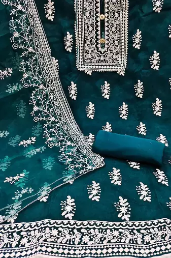ethnic motifs embroidered organza unstitched dress material