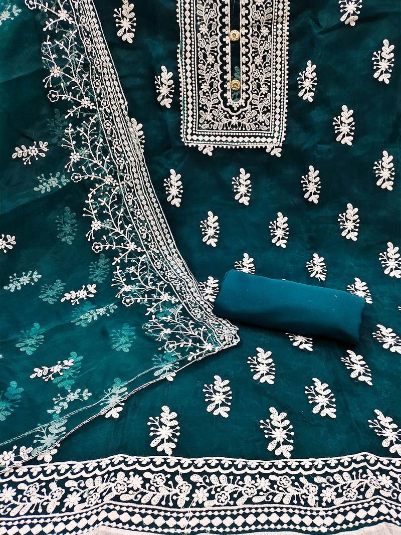 ethnic motifs embroidered organza unstitched dress material
