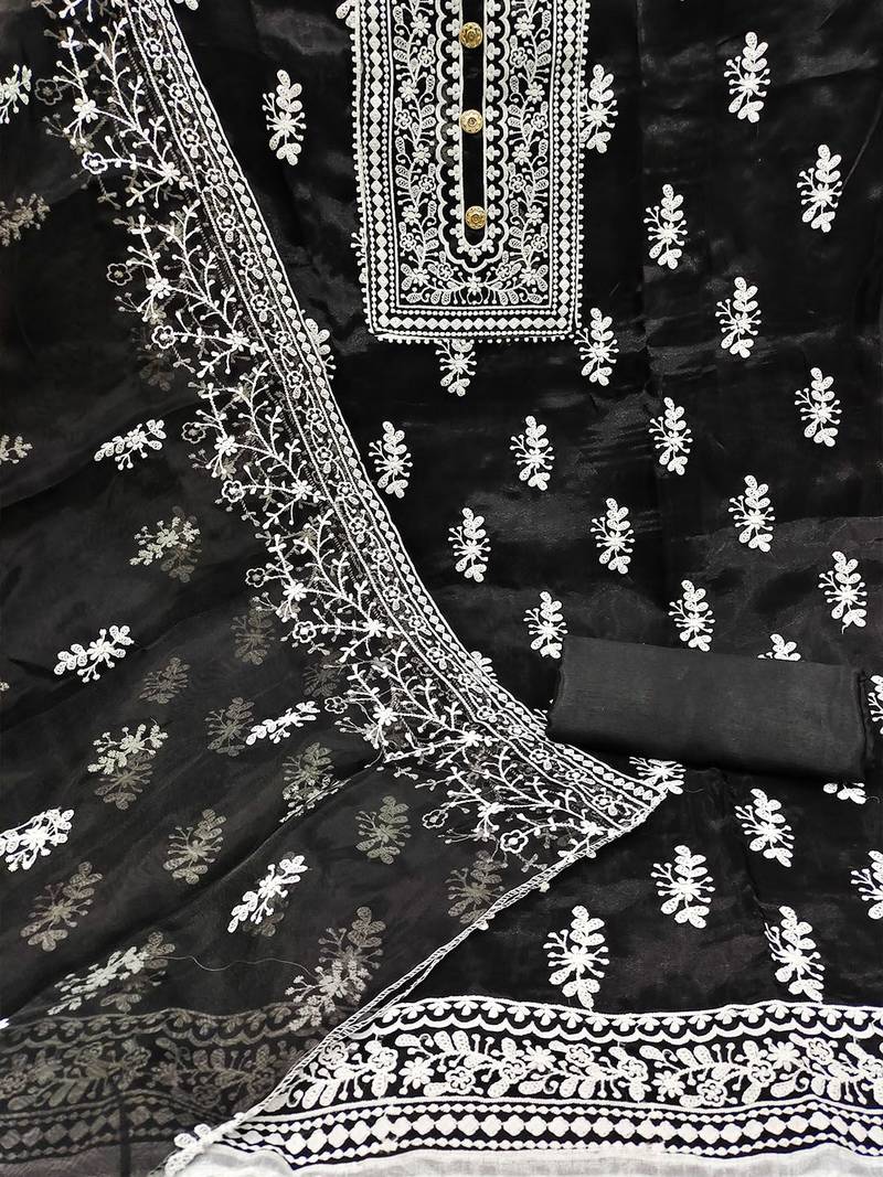 floral embroidered organza unstitched dress material