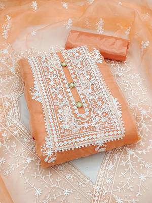 women orange & white embroidered organza unstitched dress material 1