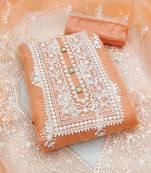women orange & white embroidered organza unstitched dress material