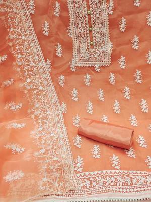 women orange & white embroidered organza unstitched dress material 2