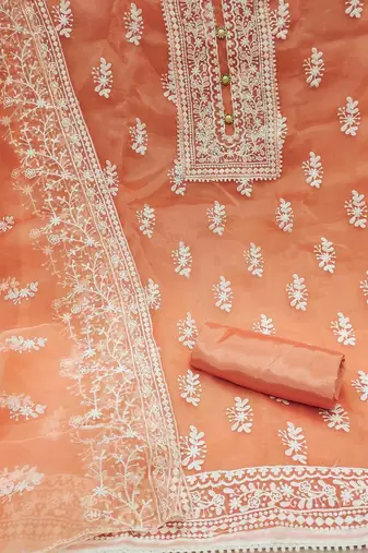 women orange & white embroidered organza unstitched dress material