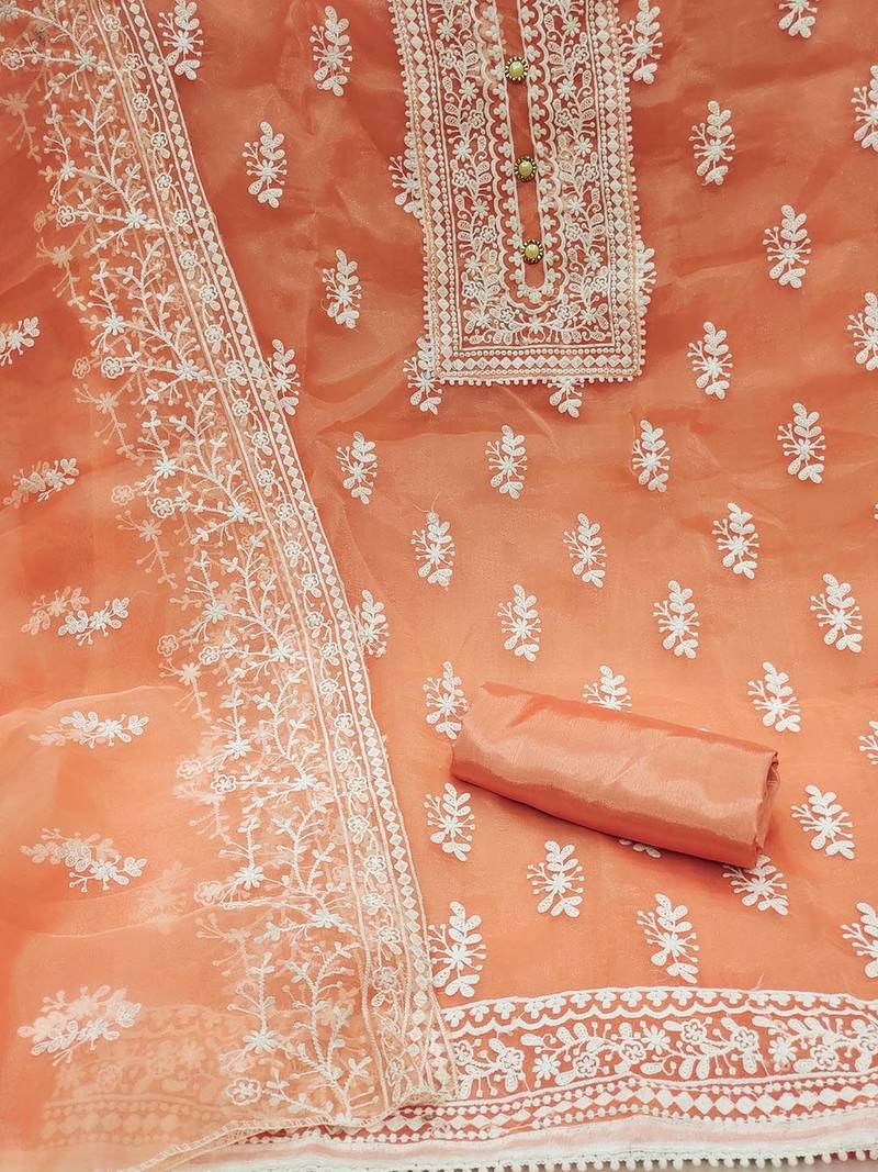 women orange & white embroidered organza unstitched dress material