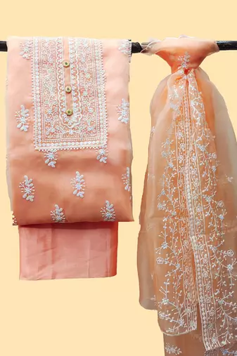 women orange & white embroidered organza unstitched dress material