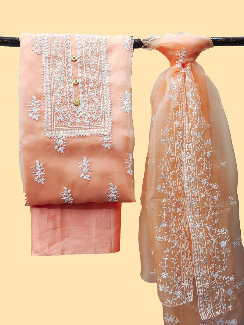women orange & white embroidered organza unstitched dress material
