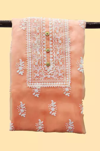 women orange & white embroidered organza unstitched dress material