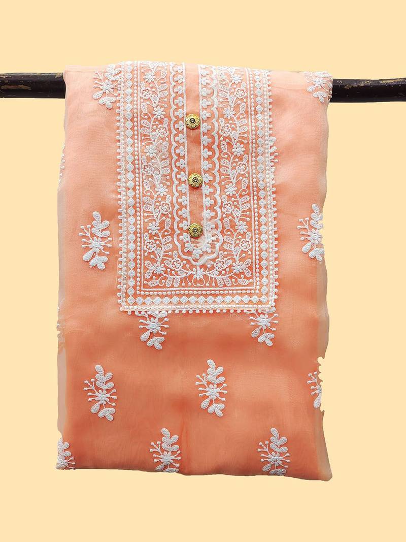 women orange & white embroidered organza unstitched dress material
