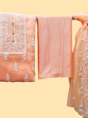 women orange & white embroidered organza unstitched dress material 5