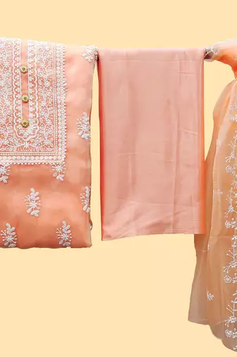 women orange & white embroidered organza unstitched dress material