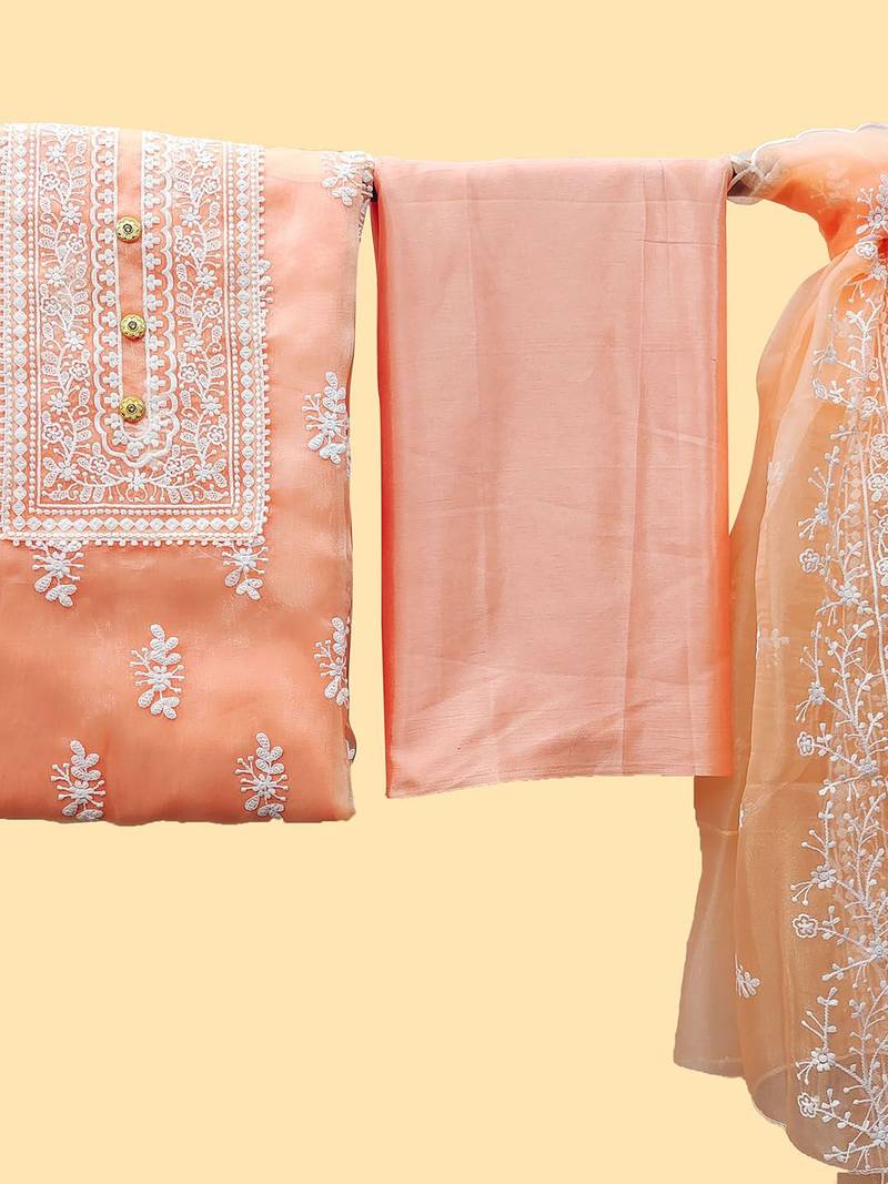 women orange & white embroidered organza unstitched dress material