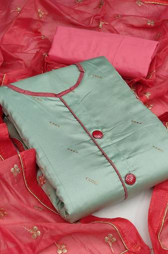 green & red embroidered unstitched dress material
