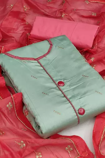 green & red embroidered unstitched dress material