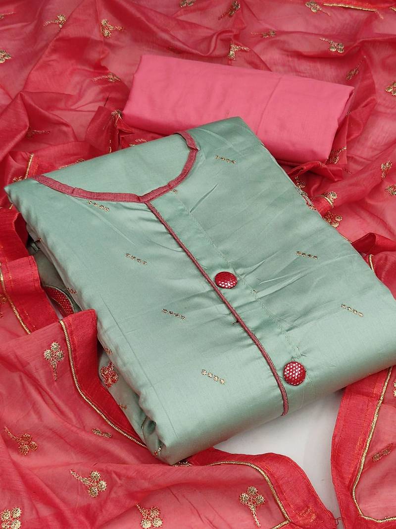 green & red embroidered unstitched dress material