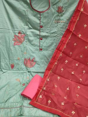 green & red embroidered unstitched dress material 2