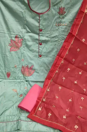 green & red embroidered unstitched dress material