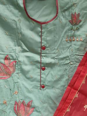 green & red embroidered unstitched dress material 3